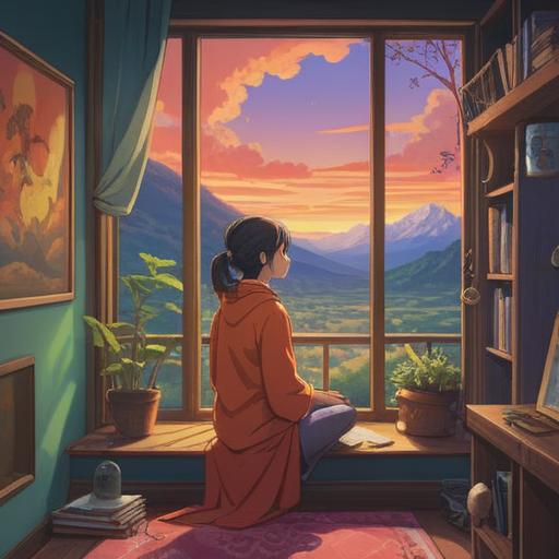 Awakening at 4 AM, serene atmosphere, a person meditating by a window, soft morning light, spiritual symbols floating in the air, lucky charms surrounding them, calming nature sounds, gentle energy radiating from the character, peaceful expression, connection with the universe, reflecting on dreams, enchanting morning rituals, 4k