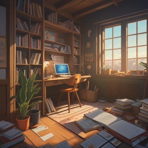 A serene and organized workspace, notebooks and documents neatly arranged, warm sunlight filtering through the window, a person thoughtfully writing in a journal, soft colors, calming atmosphere, attention to detail, mindfulness in action, 4k