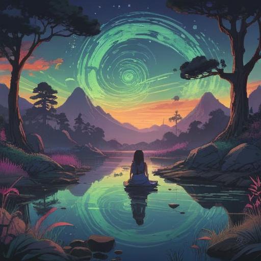 A mystical illustration depicting a serene landscape at twilight, ethereal light surrounding a silhouette meditating, sound waves visualized as gentle ripples in the air, symbolic representation of spiritual connection, soft pastel colors, tranquil atmosphere, detailed nature elements, 4k