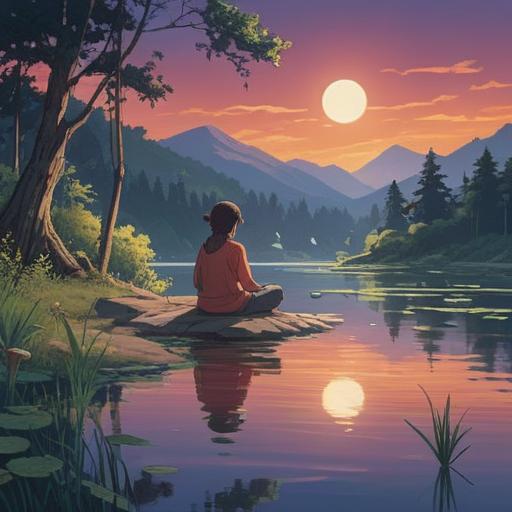 A serene moment in nature, a person meditating by a peaceful lake, soft ripples reflecting the moonlight, gentle breeze stirring the trees, vibrant colors symbolizing energy, subtle sound waves emanating from the ear, ethereal light illuminating the scene, spiritual essence captured, tranquil atmosphere, 4k