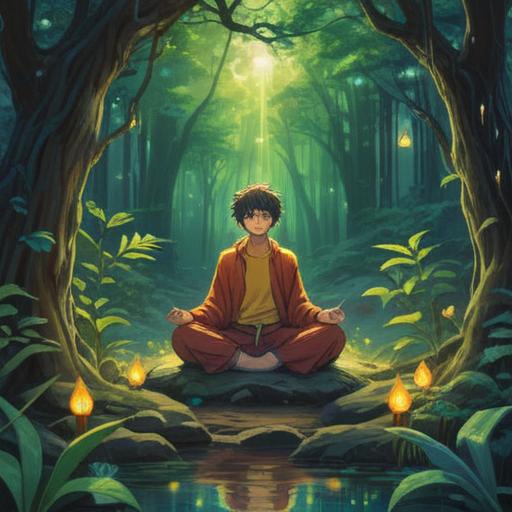 A vibrant and mystical scene, a person meditating in nature, surrounded by glowing energies, symbolic representations of spiritual signs, a clock showing the same time, ethereal light, calming colors, a serene atmosphere, connecting with the universe, 4k