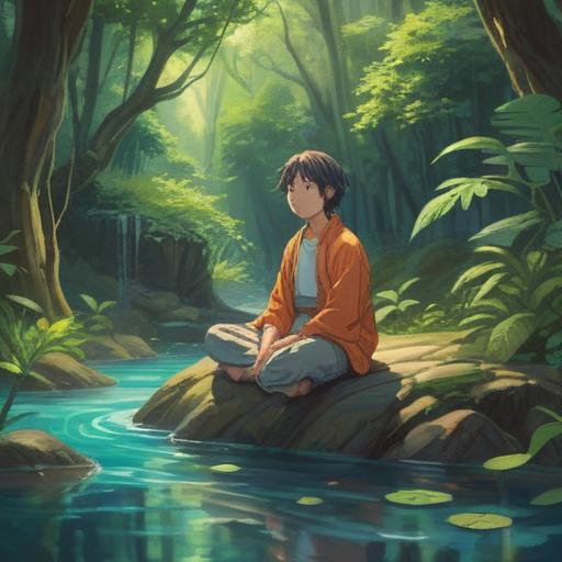 A serene illustration depicting a person meditating in a peaceful nature setting, surrounded by calming elements such as gentle flowing water, lush greenery, and soft sunlight, symbols of healthy living like fruits and yoga mats nearby, showcasing relaxation and mindfulness, promoting a lifestyle change for tinnitus relief, inviting atmosphere, 4k