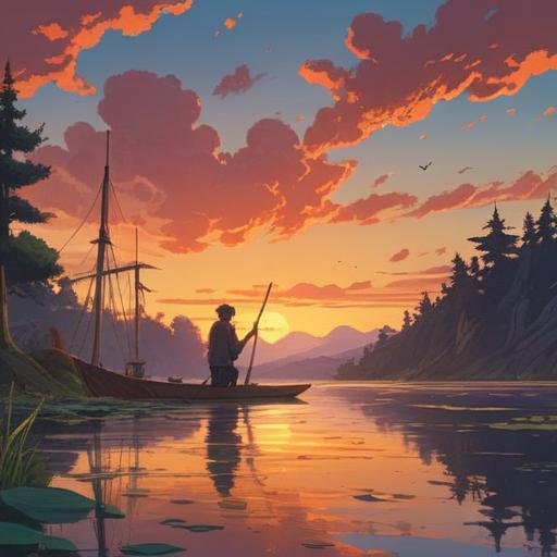 A serene illustration depicting two individuals gazing at a beautiful sunset over a calm lake, symbolic connection, spiritual significance of shared experiences, reflections on water, peaceful ambiance, harmonious colors, deep emotional resonance, 4k