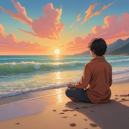 A serene landscape depicting a beautiful sunrise, gentle waves lapping at the shore, a figure meditating on the beach, surrounded by repeating patterns in nature, vibrant colors representing spiritual energy, symbols of harmony and balance, tranquil atmosphere, inviting and reflective mood, 4k