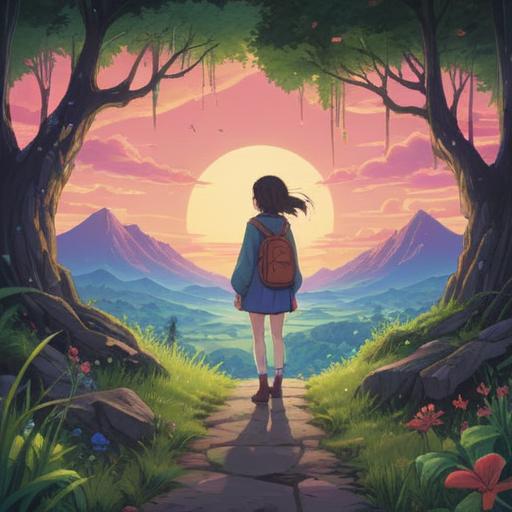 A serene and meditative scene, a person gazing at a repeating pattern of nature, soft ethereal light, symbols of infinity and repetition, tranquil atmosphere, lush greenery, subtle hints of spiritual symbols, reflections on water, calming colors, 4k