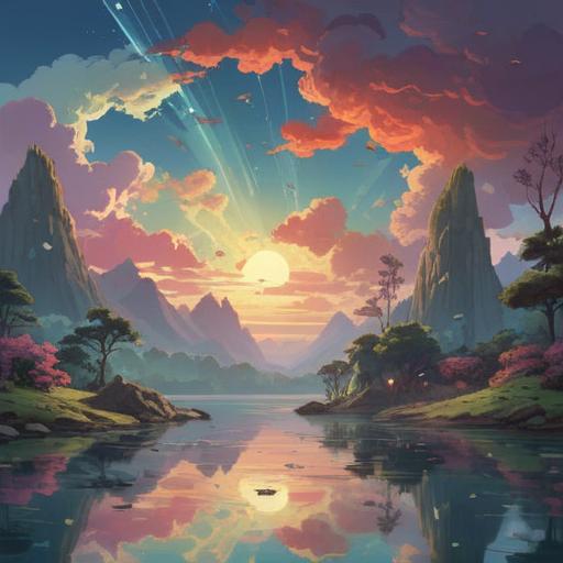 A serene landscape depicting the concept of spiritual signs, subtle light beams breaking through clouds, gentle ripples on a calm lake reflecting the sky, ethereal symbols appearing in the air, harmonious nature surrounding the scene, tranquil and meditative atmosphere, inviting perspective for contemplation, 4k