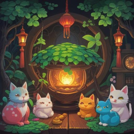 A whimsical illustration of a lucky charm collection, vibrant colors, various traditional items like four-leaf clovers, lucky cats, and horseshoes, arranged harmoniously on a wooden table, warm sunlight filtering through a nearby window, inviting atmosphere, detailed textures and patterns, 4k