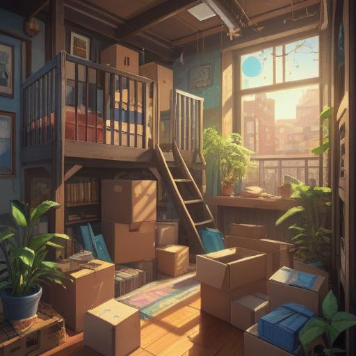 A spiritual illustration of moving within the same apartment complex, symbolizing personal growth and transformation, diverse characters packing boxes, sunlight streaming through windows, vibrant colors, harmonious atmosphere, metaphors of change and renewal, detailed surroundings, uplifting energy, 4k