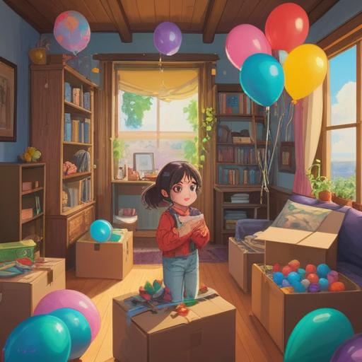 A cheerful scene depicting a family celebrating their new home, vibrant balloons and colorful decorations, unpacking boxes in a cozy living room, smiles and laughter, a sense of excitement and new beginnings, warm sunlight streaming through the windows, 4k