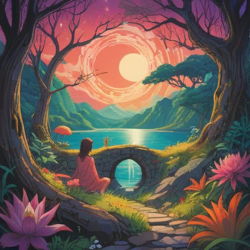 A tranquil scene depicting the concept of repeated actions in a spiritual context, serene nature surroundings, circular patterns symbolizing cycles, meditative figure in a lotus pose, soft light filtering through trees, harmonious colors, sense of peace and reflection, 4k