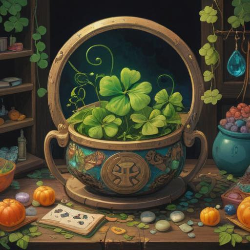 A vibrant still life composition, featuring a collection of lucky items, such as a four-leaf clover, a horseshoe, a wishbone, and colorful gemstones, arranged around a glowing aura, symbolizing positive energy and good fortune, surrounded by a serene garden with blossoming flowers and gentle sunlight, inviting a sense of hope and prosperity, 4k