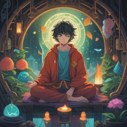 A thoughtful and serene illustration, depicting a person deeply immersed in contemplation, surrounded by ethereal symbols of spirituality, a gentle aura radiating around them, soft light filtering through trees, a tranquil atmosphere, vibrant colors representing emotions, celestial elements such as stars and clouds, detailed facial expression reflecting introspection, 4k