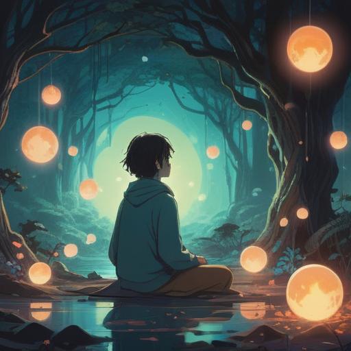 A serene and introspective scene, a person deep in thought, surrounded by ethereal light, soft glowing orbs representing positive energy, gentle reflections in water emphasizing contemplation, a subtle aura suggesting spiritual connection, peaceful nature backdrop with blooming flowers, tranquil atmosphere, vibrant colors, 4k
