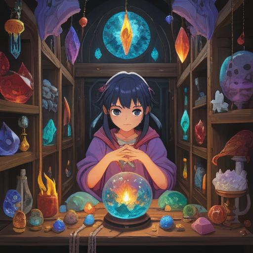 A mystical depiction of spiritual items attracting luck, various colorful crystals and talismans arranged harmoniously, serene ambiance with glowing light, vibrant colors symbolizing positive energy, enchanting nature backdrop with gentle winds, intricate details on each item, captivating atmosphere, 4k