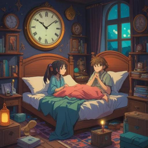 A serene and magical scene depicting three friends waking up at 3 AM, surrounded by mystical lucky items, a clock showing 3 AM, soft moonlight filtering through the window, enchanting ambiance, playful expressions, symbols of luck like four-leaf clovers and horseshoes, warm colors, detailed textures, a sense of wonder and surprise, 4k