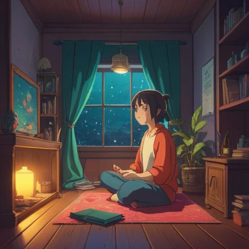 A peaceful scene depicting self-care at 3 AM, a cozy room filled with soft lighting, a person meditating in a serene posture, calming elements like candles and plants, a warm cup of tea on a bedside table, gentle rain tapping on the window, an atmosphere of tranquility and reflection, soothing color palette, 4k