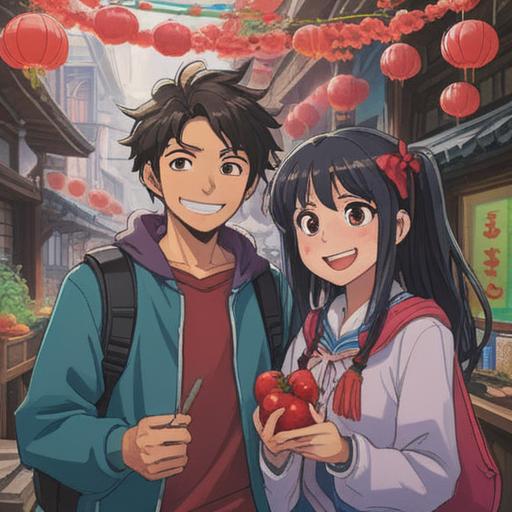 A serene illustration of two friends smiling joyfully after drawing the same omikuji, bright colorful lucky items scattered around them, cherry blossoms in the background, traditional Japanese scenery, warm sunlight filtering through trees, joyful atmosphere, 4k