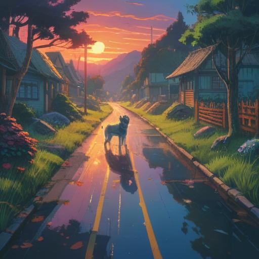 A surreal representation of a road with shadows of various animals, ethereal light surrounding the scene, symbols of spirituality in the air, reflections of nature, a sense of loss and reflection, vibrational energies depicted in soft hues, visual metaphor for life and death, 4k