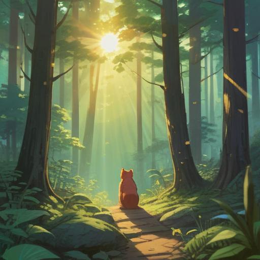 A serene, contemplative scene depicting a person observing a peaceful animal in nature, soft rays of sunlight filtering through the trees, an aura of calm and reflection, symbolic elements like feathers or coins on the ground representing spiritual signs, an ethereal quality, vivid details in the foliage and water, harmonious colors blending seamlessly, inviting a sense of mindfulness and respect for life, 4k