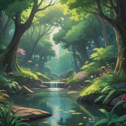 A serene nature scene, a tranquil garden with lush greenery, a gentle stream flowing, soft sunlight filtering through the leaves, a person practicing mindfulness by meditating, peaceful atmosphere, vibrant flowers blooming, the essence of healing and relaxation, 4k