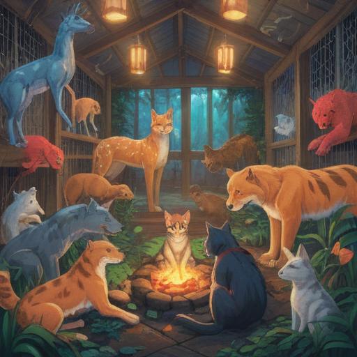 A serene and uplifting illustration depicting animals being cared for in a shelter, vibrant colors, compassionate volunteers interacting with rescued animals, spiritual symbols subtly integrated into the environment, an aura of healing and hope, natural light streaming through windows, surrounded by lush greenery, peaceful atmosphere, 4k