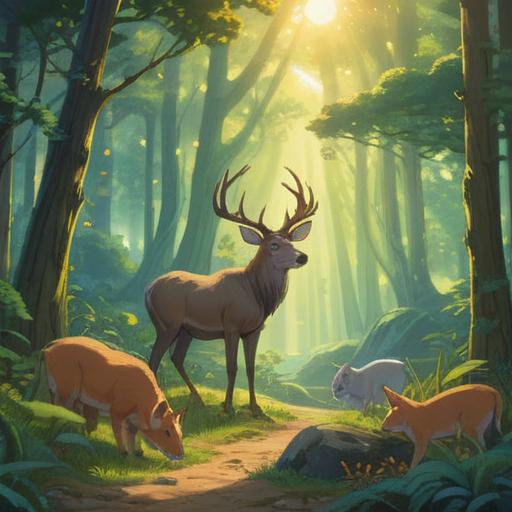 A serene natural scene, animals grazing peacefully, soft rays of sunlight filtering through the trees, a subtle aura of energy around the animals, symbolic representations of spiritual awareness, a balanced meal with animal protein in focus, gentle reminders of mindfulness, harmonious connection with nature, lush greenery, 4k