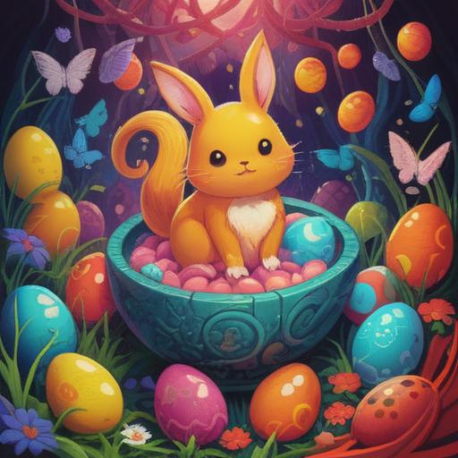 A whimsical illustration of a lucky charm featuring various animal proteins, vibrant colors, a playful and cheerful atmosphere, integrating elements like eggs, fish, and meats, surrounded by a magical aura, symbolizing good fortune and health, beautifully detailed, 4k