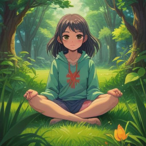 A serene meditation scene, a peaceful individual sitting cross-legged on a lush green grass, surrounded by radiant light, symbols of abundance such as blooming flowers and overflowing fruit baskets, gentle breezes stirring the leaves, soft sunlight filtering through trees, a tranquil atmosphere promoting spiritual growth, harmonious energy flow, ethereal background, 4k
