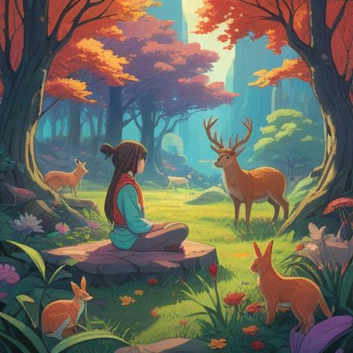 A serene landscape representing a nature lover's spiritual connection with animals, a person meditating surrounded by various animals like deer, rabbits, and birds, ethereal light illuminating the scene, harmonious colors blending with greenery, gentle breeze depicted through flowing grass, tranquil atmosphere, connection with nature, 4k