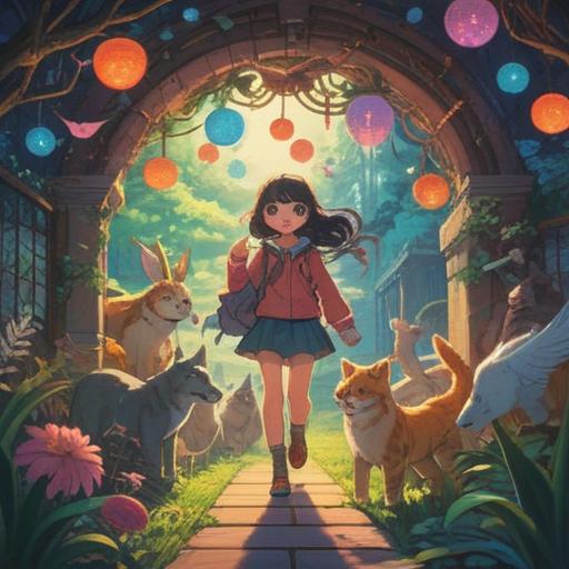 A joyful scene of an animal lover surrounded by various friendly animals, vibrant colors, uplifting atmosphere, positive energy radiating from the characters, spiritual symbols subtly integrated into the environment, deep connection between humans and animals, harmonious interaction, nature setting with lush greenery, soft sunlight filtering through trees, 4k