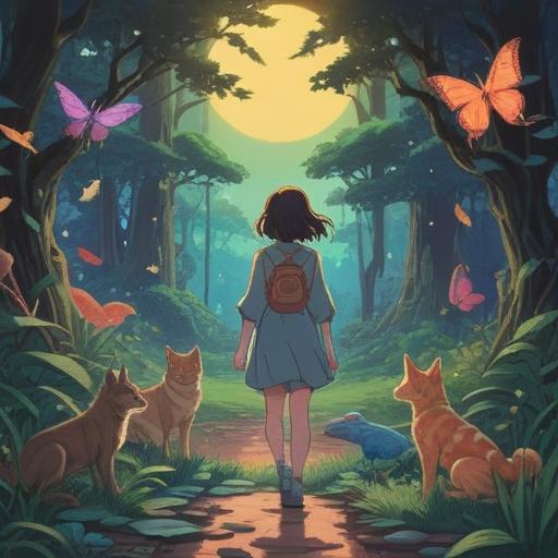 A serene landscape featuring a person surrounded by various animals, ethereal lighting, signs of spiritual awakening, vibrant flora, animals interacting harmoniously, symbolic elements like feathers and crystals, calming atmosphere, connection with nature, 4k