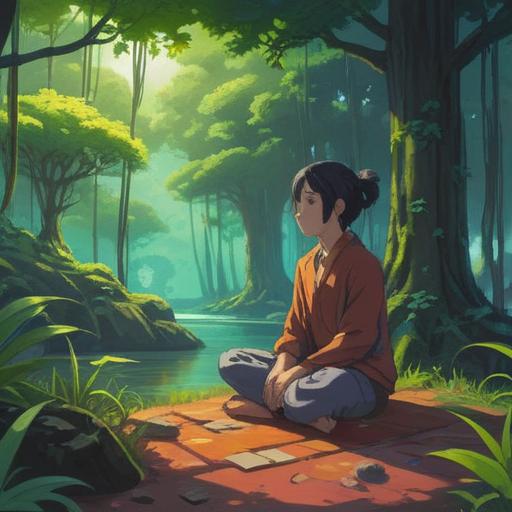 A peaceful scene depicting a person meditating alone in a serene environment, surrounded by nature, the absence of animals signifies their dislike for them, ethereal light filtering through the trees, a gentle breeze causing leaves to rustle, soft colors creating a calming atmosphere, spiritual symbols subtly integrated into the landscape, 4k