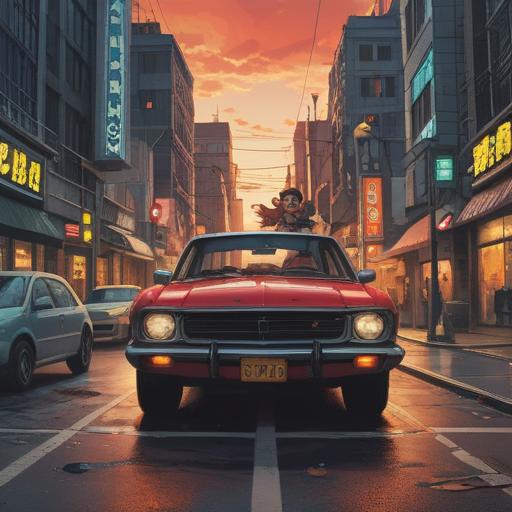 A tense moment in a busy street, a startled animal narrowly escaping from a speeding vehicle, dramatic expressions on the drivers' faces, vibrant urban setting, a sense of relief in the air, detailed surroundings, an overwhelming feeling of luck, 4k