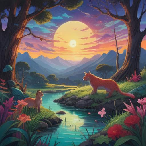 A serene landscape featuring various animals gathered together, symbolic interpretations of their presence, ethereal glow, harmonious interaction, spiritual significance represented by colors, tranquil environment, deep connection with nature, mystical ambiance, meaningful details, vibrant foliage, soft light filters, 4k