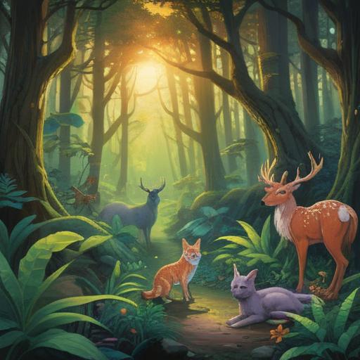 A serene illustration of a variety of animals in a lush forest, vibrant colors, each animal displaying unique spiritual symbols, sunlight filtering through the trees, a sense of peace and harmony, soft fur textures, an ethereal atmosphere, interconnectedness of nature, a wise owl perched on a branch, gentle deer observing, playful squirrels, 4k