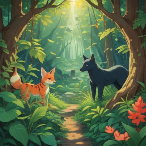 A vibrant and enchanting illustration of various animals, each symbolizing luck, surrounded by lush greenery, soft sunlight filtering through leaves, a rabbit with a four-leaf clover, a turtle carrying a lucky coin, a dragonfly hovering above, whimsical and magical atmosphere, intricate details, bright colors, 4k