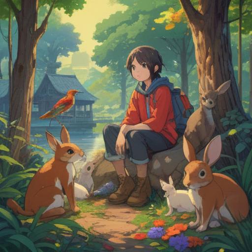 A serene outdoor scene, a person sitting peacefully in nature, surrounded by various animals such as birds, rabbits, and deer, each displaying unique expressions, sunlight filtering through the trees, conveying a sense of connection with wildlife, vibrant colors, detailed textures, calm atmosphere, 4k