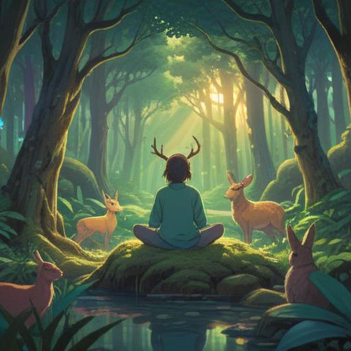 A serene and mystical scene depicting a person meditating in a lush forest, surrounded by various animals such as deer, rabbits, and birds, each representing different spiritual qualities, soft beams of light filtering through the trees, vibrant greenery, an aura of tranquility, a gentle connection between humans and nature, 4k