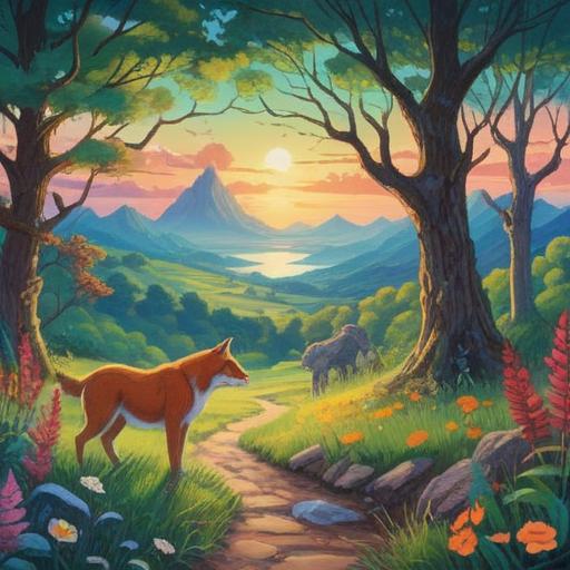 A serene illustration of a peaceful landscape, featuring various animals gracefully interacting, symbolizing spiritual signs of positivity, vibrant colors, tranquil atmosphere, detailed flora and fauna, harmonious coexistence, soft sunlight filtering through trees, emphasizing a sense of guidance and enlightenment, 4k