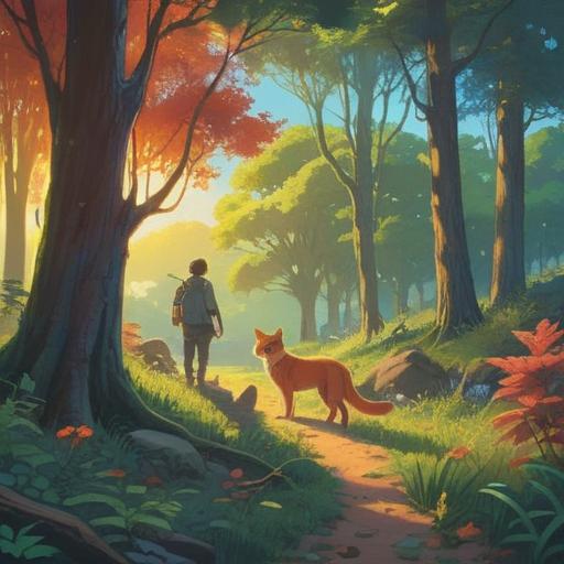 A serene and reflective scene depicting an animal encounter in nature, soft sunlight filtering through the trees, calm and peaceful atmosphere, a wandering animal in the foreground, symbols of spiritual significance subtly integrated into the background, such as feathers or specific plants, emphasizing the importance of being aware of spiritual signs, rich natural colors, intricate details in the animal's fur, 4k resolution.