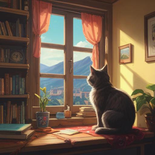 A serene scene of a cozy living room, a fluffy cat sitting on a windowsill, sunlight streaming through, surrounded by colorful cushions and potted plants, the cat's fur shimmering with a magical glow, a gentle breeze rustling the curtains, an open book on the table with illustrations of lucky symbols, invoking feelings of warmth and prosperity, peaceful ambiance, 4k