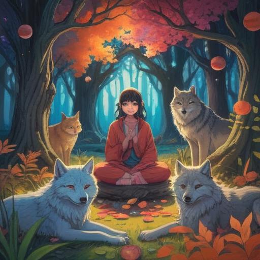 A serene scene depicting a spiritual connection with animals, a person meditating in nature, surrounded by various ethereal animals like wolves, owls, and deer, soft light filtering through the trees, vibrant colors, a sense of peace and harmony, detailed expressions on the animals, lush greenery, tranquil atmosphere, 4k