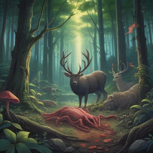 A mystical illustration of animal carcasses in a serene forest setting, symbolizing the cycle of life and death, ethereal light filtering through the trees, nature reclaiming the remains, vibrant flora surrounding the scene, calming colors, spiritual essence, reflective mood, 4k