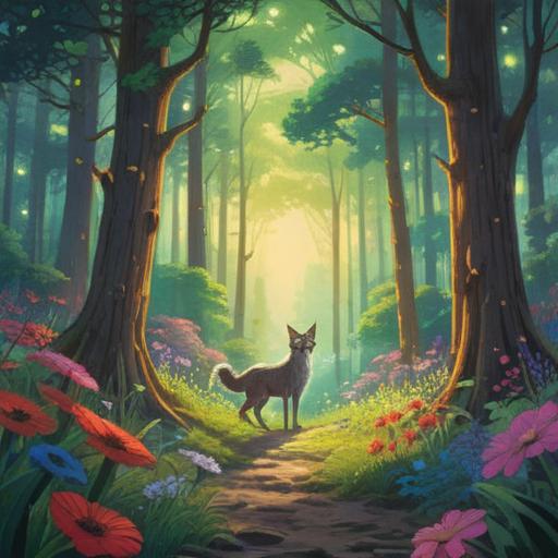 A serene woodland scene, a gentle light breaking through the trees, a sense of peace and acceptance, animal remains surrounded by blooming flowers, symbolism of life and death, soft breeze rustling leaves, vibrant colors, a tranquil atmosphere, reflective mood, 4k