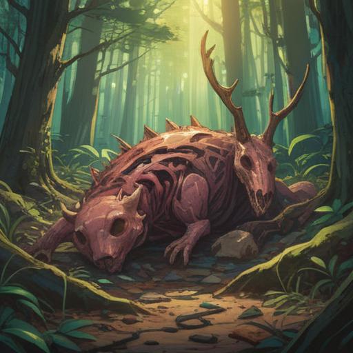 A powerful illustration depicting an animal carcass in a serene forest setting, symbolizing the cycle of life and death, soft sunlight filtering through the trees, rich earthy colors, a tranquil yet thought-provoking atmosphere, detailed textures of foliage and fur, a small animal observing from a distance, conveying a sense of loss and reflection, 4k