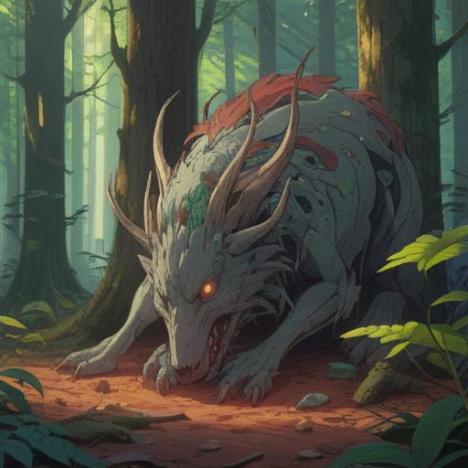 A serene and mystical forest scene, gentle light filtering through the trees, an animal carcass resting peacefully on the forest floor, surrounded by blooming flowers and glowing orbs, representing spiritual signs, a calm atmosphere, nature's cycle of life and death, vibrant colors, ethereal glow, 4k