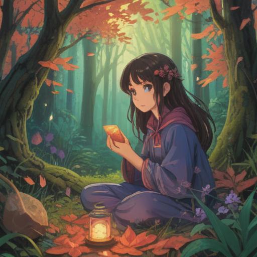 A mysterious and enchanting scene depicting a vintage talisman glowing softly in a forest clearing, surrounded by fallen leaves and wildflowers, gentle sunlight filtering through the trees, a sense of calm and tranquility, the talisman intricately designed with animal motifs, symbols of good fortune, lush greenery in the background, inviting atmosphere, 4k