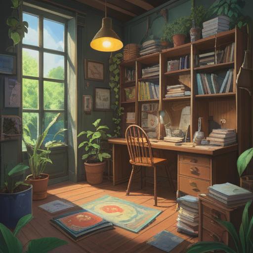 A serene and organized workspace, neatly arranged notebooks and stationery, a sense of productivity and focus, soft natural lighting, greenery in the background, minimalist design, well-defined sections, encouraging a feeling of completion, 4k