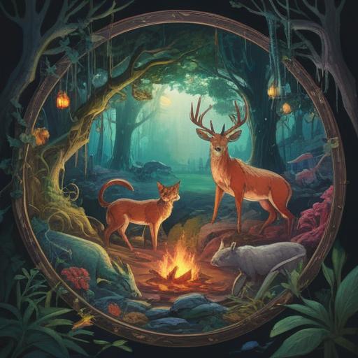 A serene spiritual illustration depicting animal carcasses in a natural setting, conveying themes of the circle of life, ethereal light illuminating the scene, lush greenery surrounding the remains, wildlife peacefully coexisting with the remnants, calm atmosphere reflecting the spiritual significance, 4k