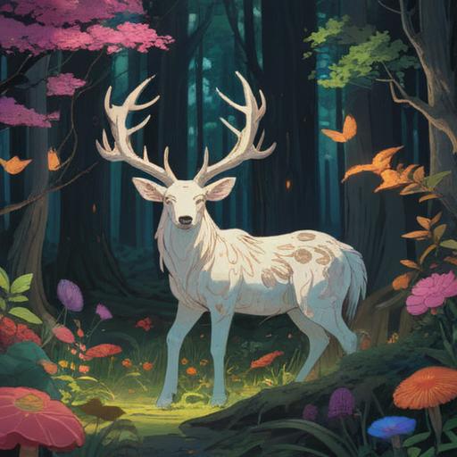 A serene forest scene, a gently illuminated animal carcass surrounded by vibrant flowers, ethereal light filtering through the trees, symbolizing the cycle of life and death, elements of nature harmoniously intertwined, a sense of peace and transcendence, soft colors, mystical atmosphere, 4k